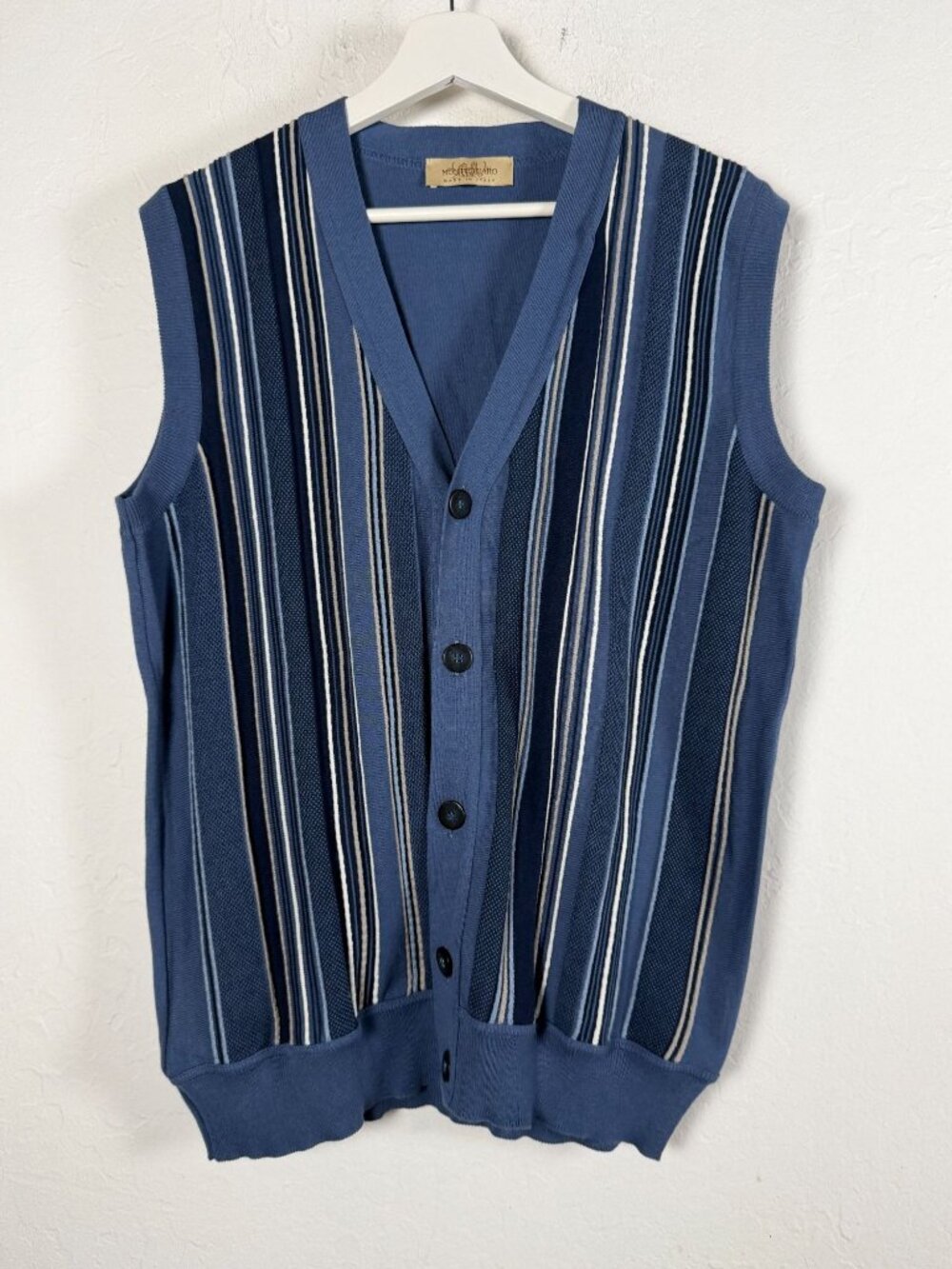 Montechiaro Sweater Vest Men's Made in Italy Blue Striped Button Cardigan V-Neck